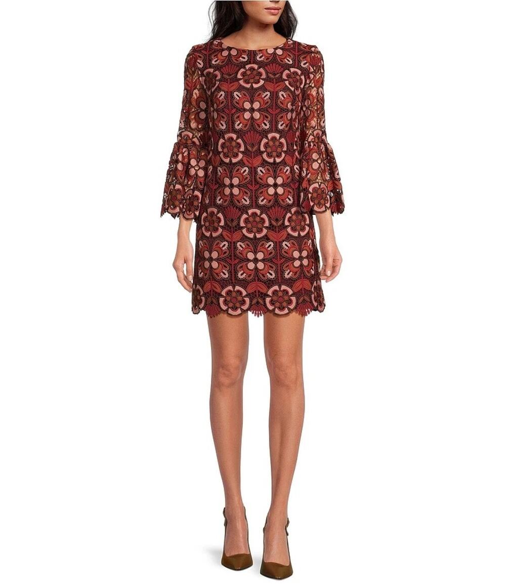 Trina Turk Smolder Woven Abstract Geo Print 3/4 Bell Sleeve Sheath Dress Size 6